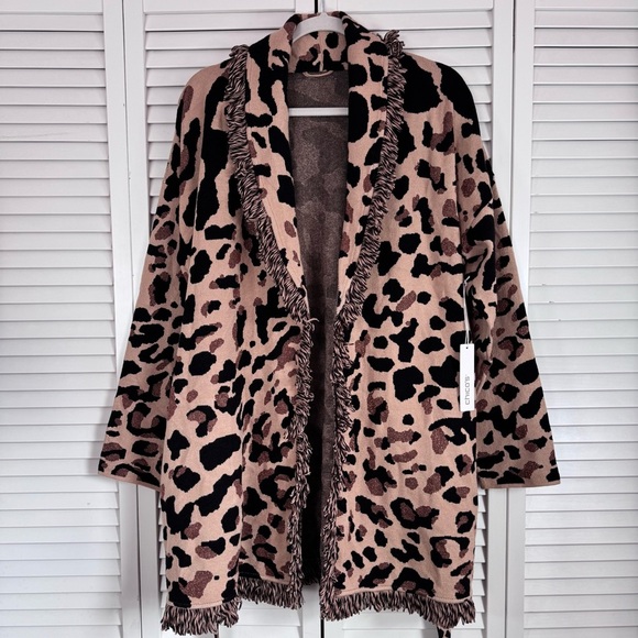 Chico’s Animal Print Fringe Cardigan Brown Metallic Mobwife Size 3 (XL/16) NWT - Picture 3 of 15